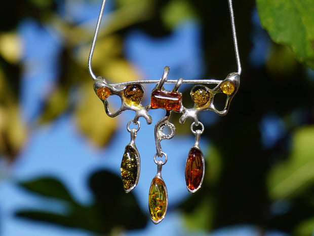 Amber and Sterling Artisan Pendant with Teardrop Dangles