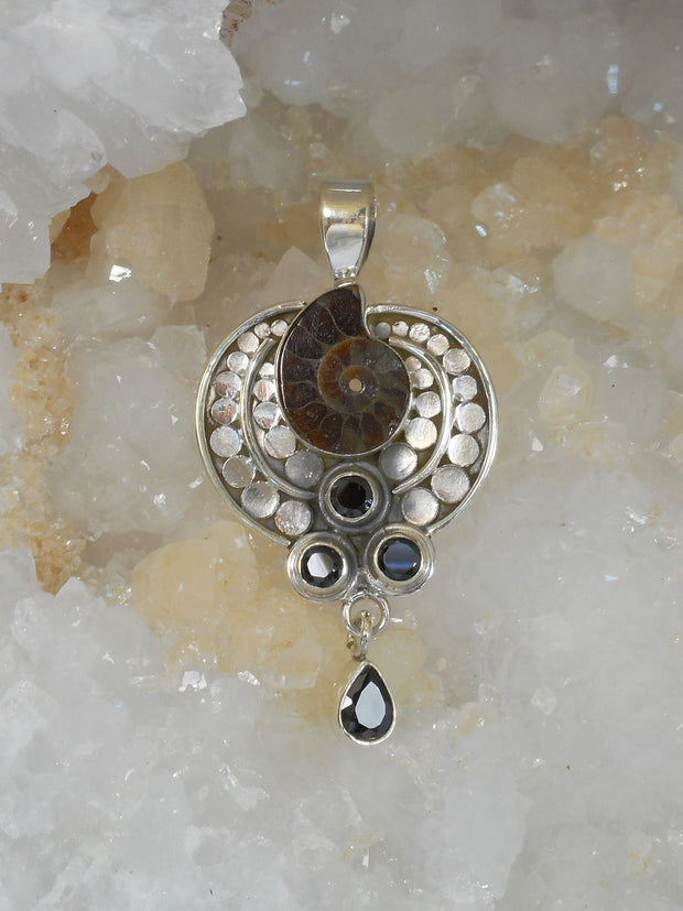 Ammonite and Fossil AJC Signature Sterling Pendant 1 with Onyx