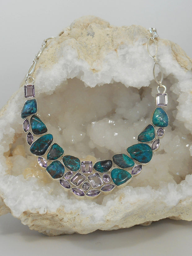 Chrysocolla Gemstones Necklace 1 with Amethyst Quartz Crystals