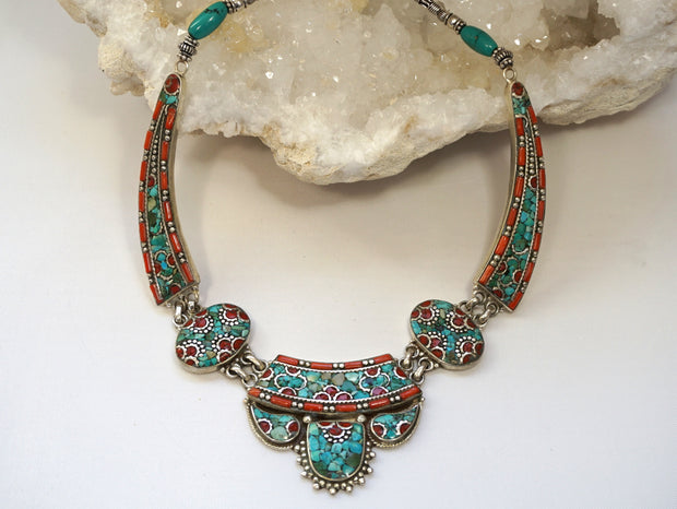 Coral and Turquoise Inlaid Mosaic Necklace 1