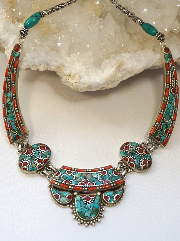 Coral and Turquoise Inlaid Mosaic Necklace 1