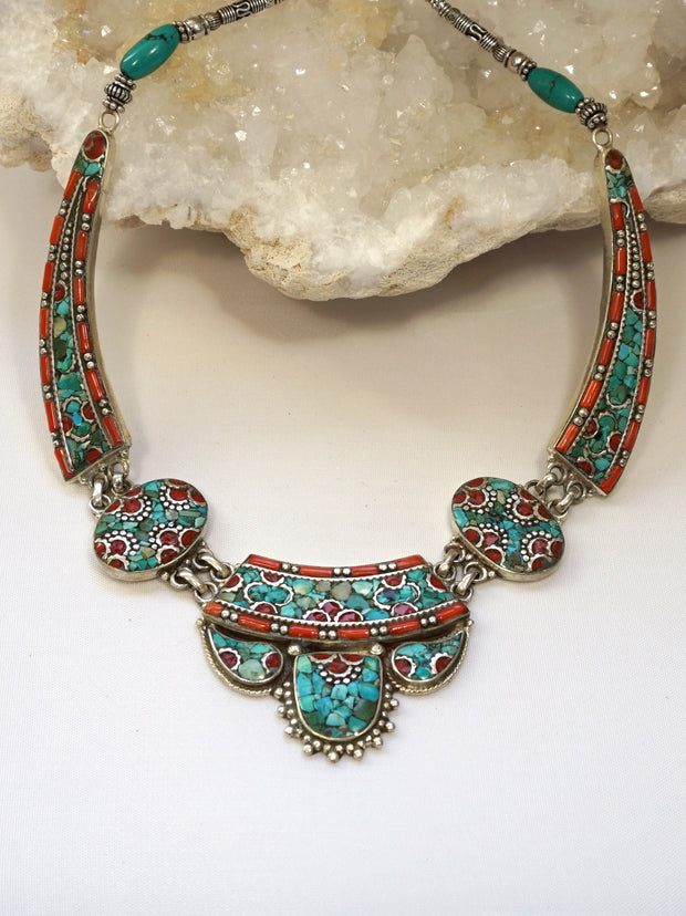 Coral and Turquoise Inlaid Mosaic Necklace 1