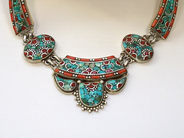 Coral and Turquoise Inlaid Mosaic Necklace 1