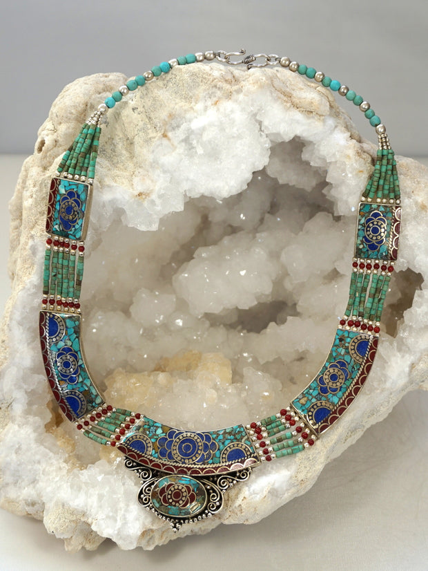 Coral and Turquoise Inlaid Mosaic Necklace 2 with Lapis