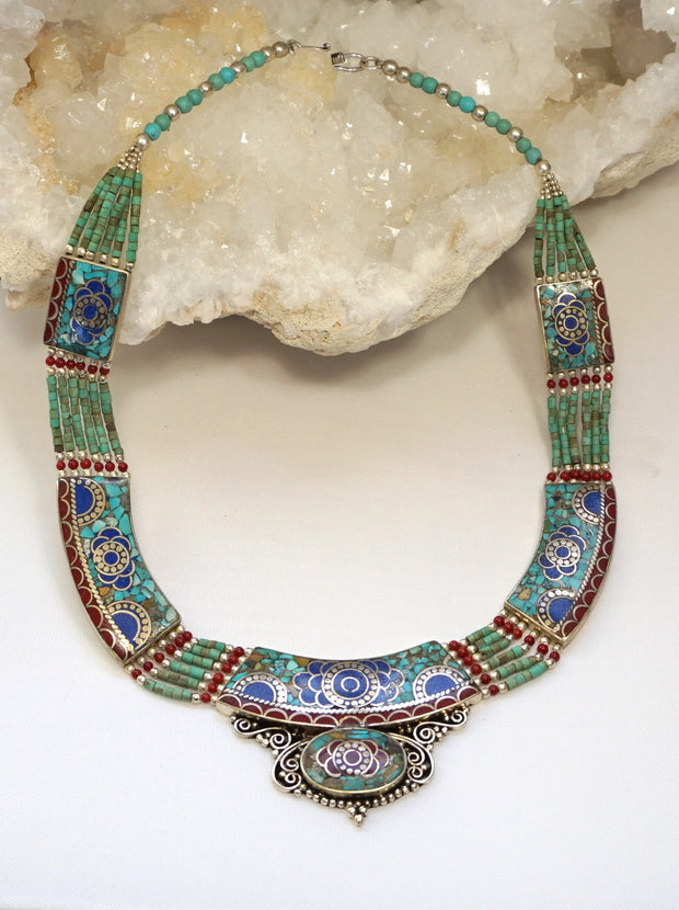 Coral and Turquoise Inlaid Mosaic Necklace 2 with Lapis