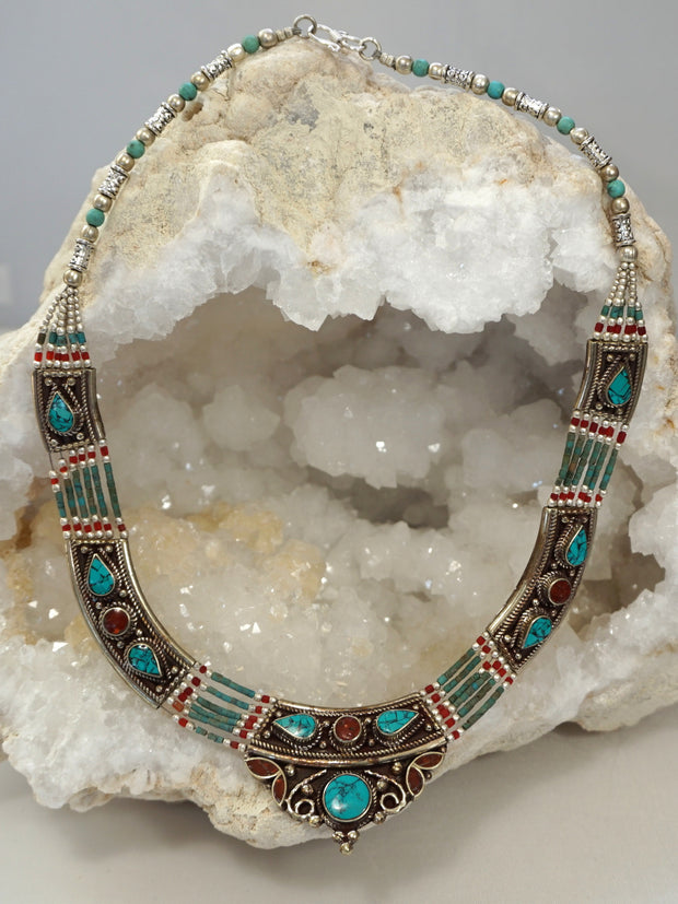 Coral and Turquoise Inlaid Mosaic Necklace 3