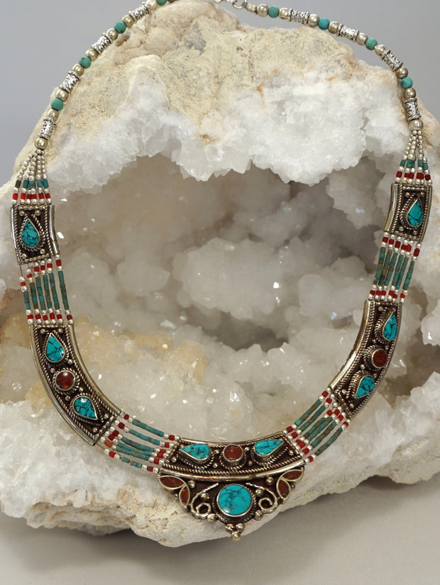 Coral and Turquoise Inlaid Mosaic Necklace 3