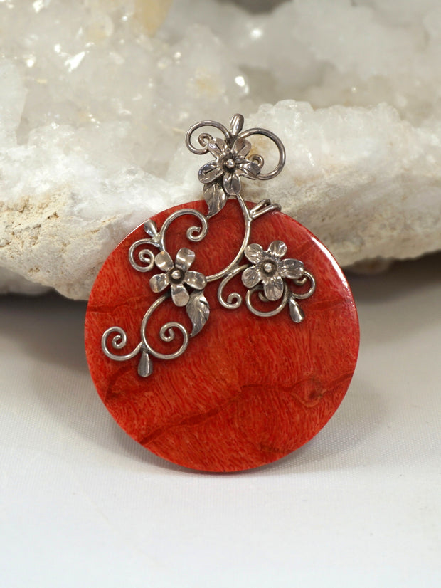 Coral Pendant with Sterling Scrollwork