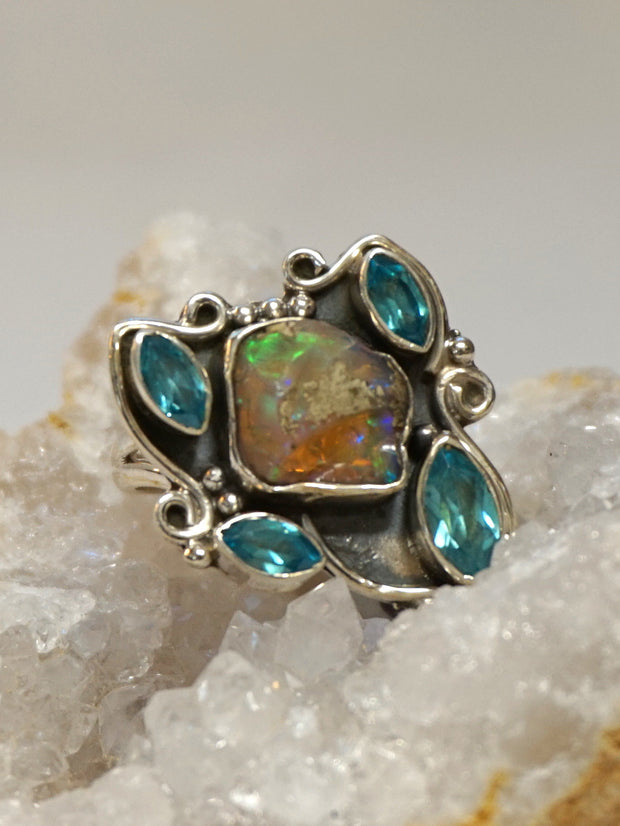 Ethiopian Opal Ring 6 with Blue Topaz
