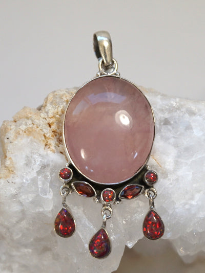 Rose Quartz and Fire Opal Pendant with Garnets
