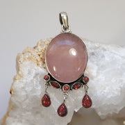 Rose Quartz and Fire Opal Pendant with Garnets