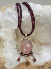 Rose Quartz and Fire Opal Pendant with Garnets