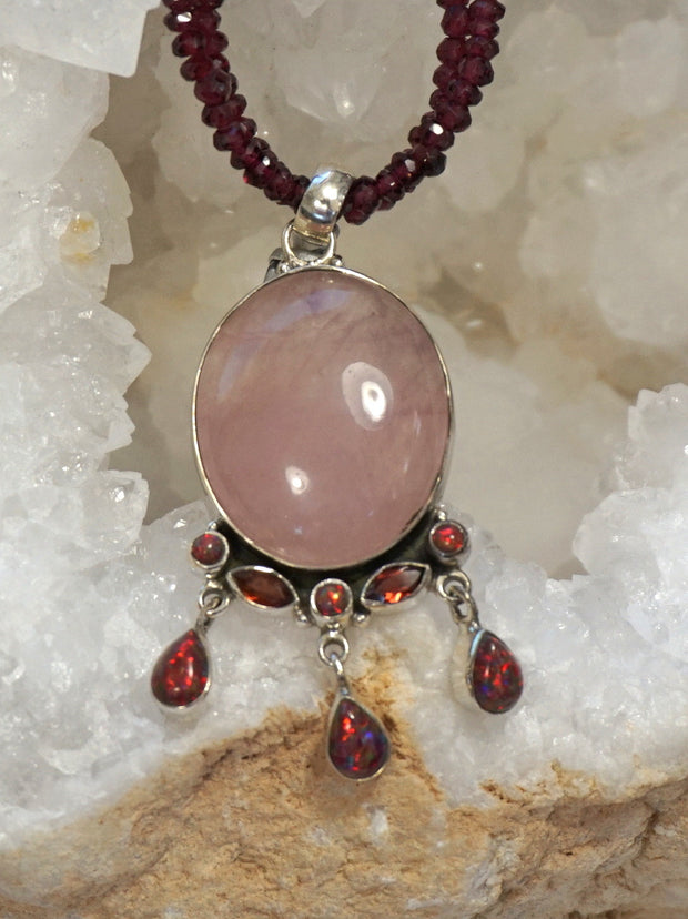 Rose Quartz and Fire Opal Pendant with Garnets