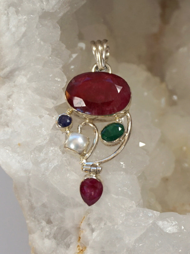 Ruby and Sterling Pendant 3 with Pearl, Sapphire and Emerald