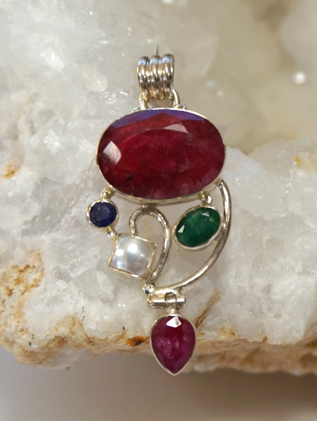 Ruby and Sterling Pendant 3 with Pearl, Sapphire and Emerald