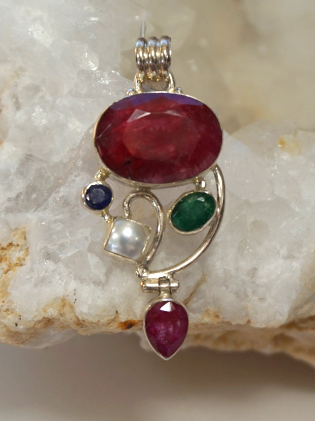 Ruby and Sterling Pendant 3 with Pearl, Sapphire and Emerald