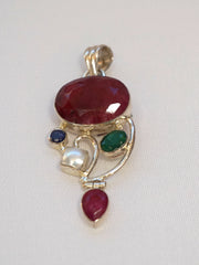 Ruby and Sterling Pendant 3 with Pearl, Sapphire and Emerald