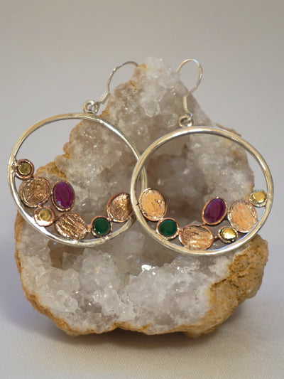 Copper and Emerald Sterling Hoop Earring Set with Rubies