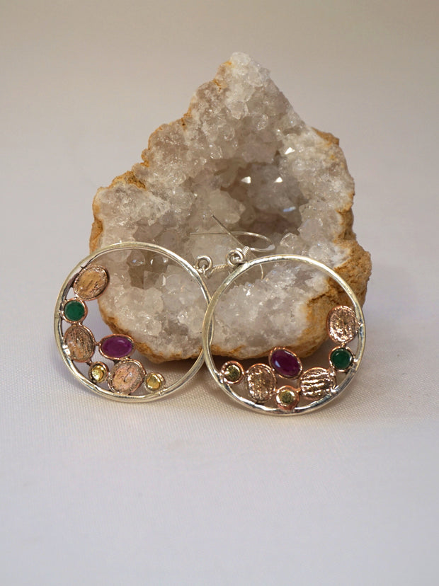 Copper and Emerald Sterling Hoop Earring Set with Rubies