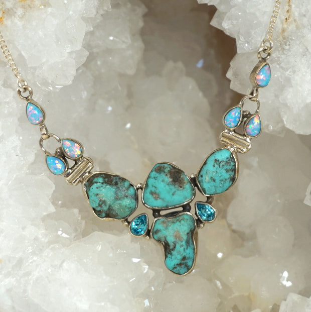 Artisan Turquoise and Fire Opal Necklace with Blue Topaz