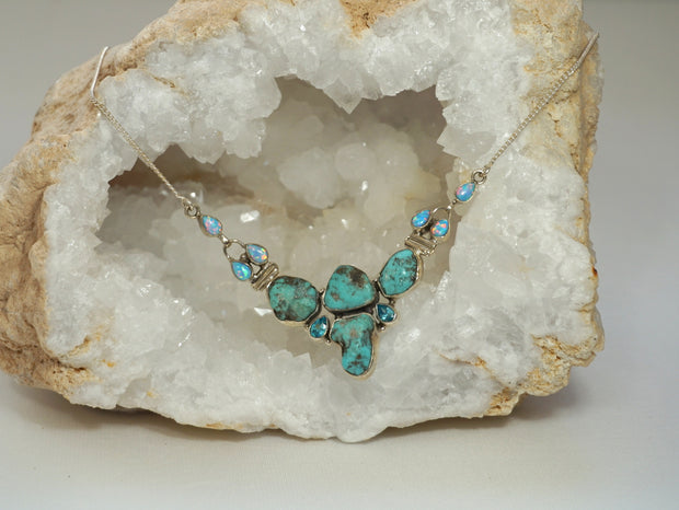 Artisan Turquoise and Fire Opal Necklace with Blue Topaz
