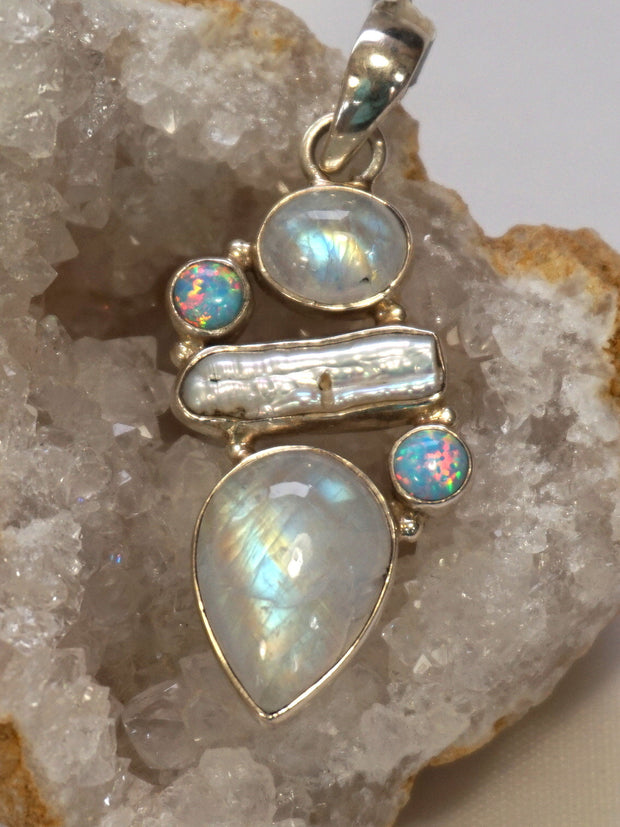 Moonstone and Fire Opal Pendant 1 with Pearl