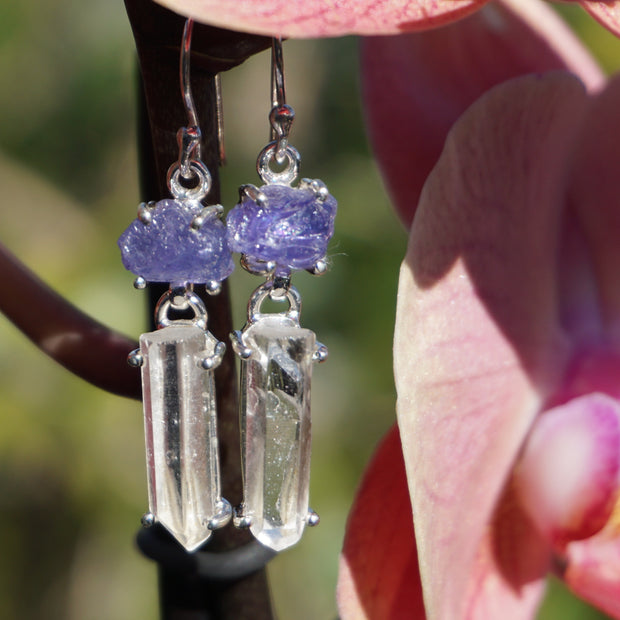 Rough Tanzanite Earring Set 2 with Lemurian Quartz Crystal Points