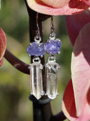 Rough Tanzanite Earring Set 2 with Lemurian Quartz Crystal Points