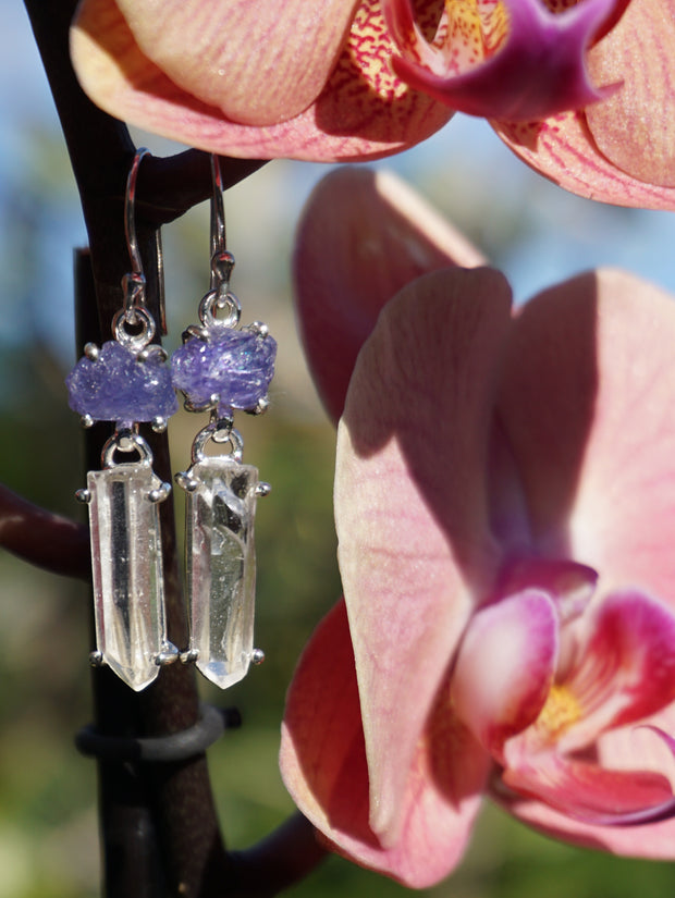 Rough Tanzanite Earring Set 2 with Lemurian Quartz Crystal Points