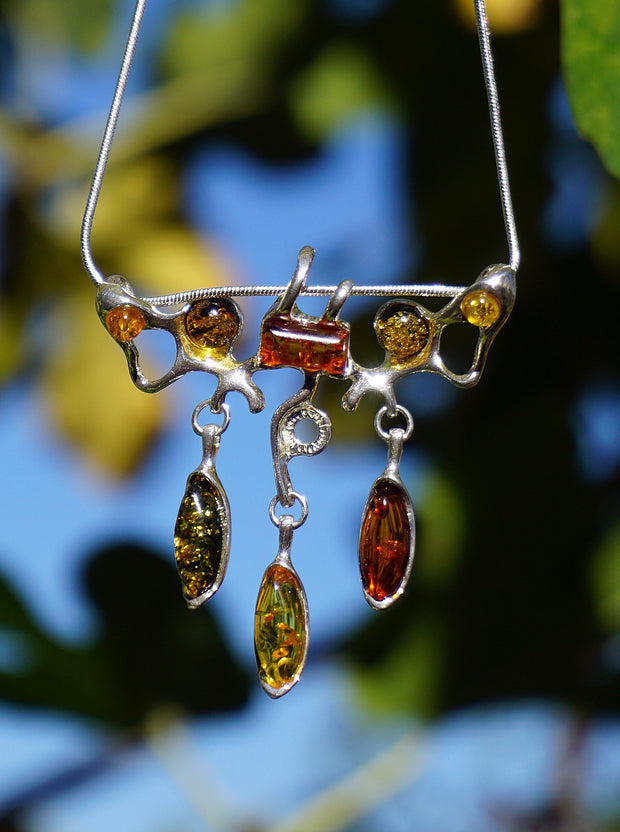 Amber and Sterling Artisan Pendant with Teardrop Dangles