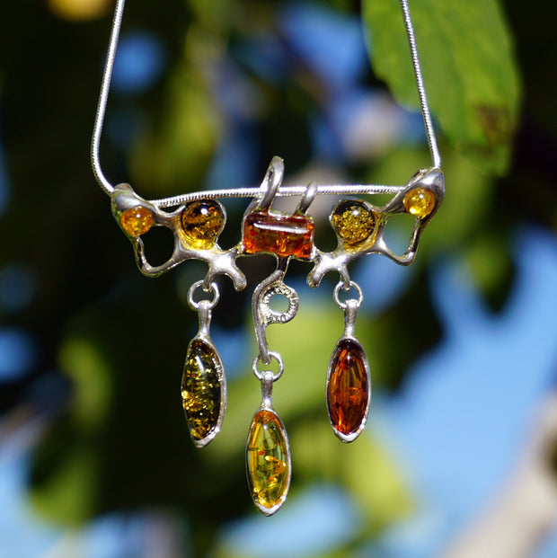 Amber and Sterling Artisan Pendant with Teardrop Dangles