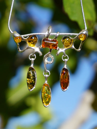 Amber and Sterling Artisan Pendant with Teardrop Dangles