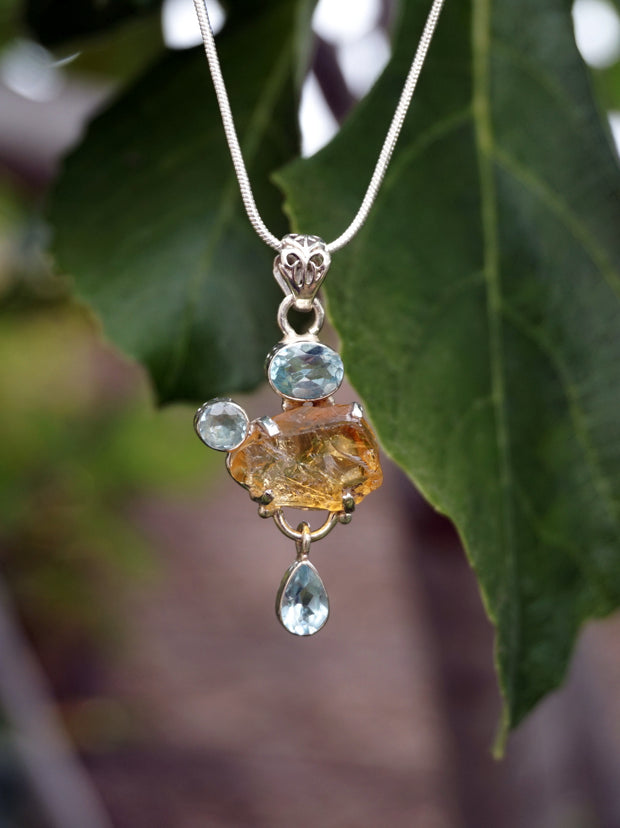 Honey Citrine Rough Pendant 6 with Blue Topaz