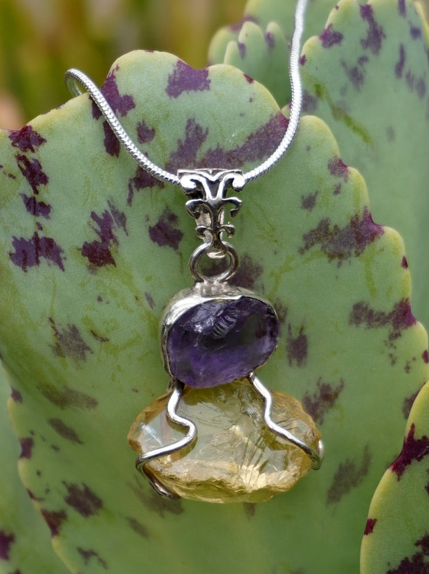 Free-form Organic Citrine Quartz Pendant 8 with Amethyst