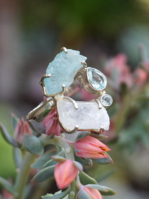 Garden Beauty Ring 4 with Aquamarine, Moonstone & Blue Topaz
