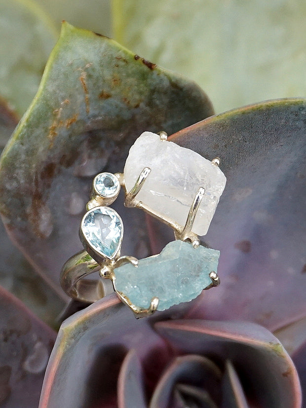 Garden Beauty Ring 4 with Aquamarine, Moonstone & Blue Topaz