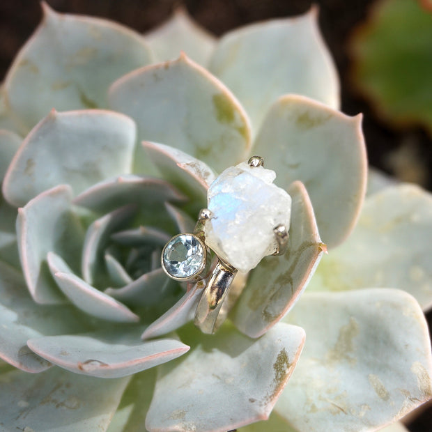 Free-form Organic Moonstone Ring 4 with Blue Topaz