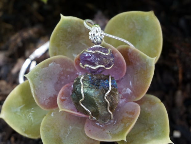 Free-form Rough Labradorite Pendant 7 with Amethyst