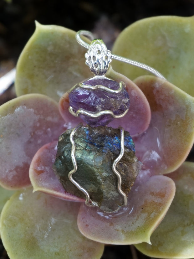 Free-form Rough Labradorite Pendant 7 with Amethyst