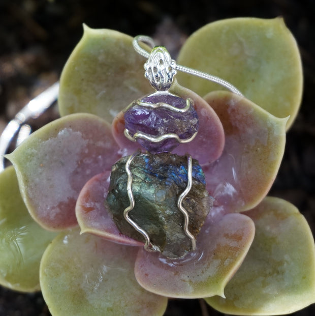 Free-form Rough Labradorite Pendant 7 with Amethyst