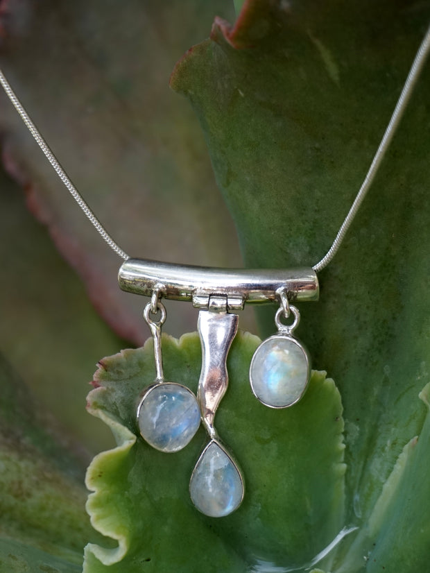 Rainbow Moonstone and Sterling Wave Pendant