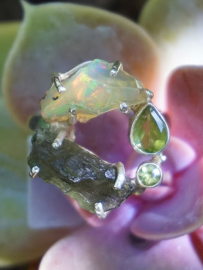 Garden Beauty Ring 6 with Ethiopian Opal, Moldavite & Peridot