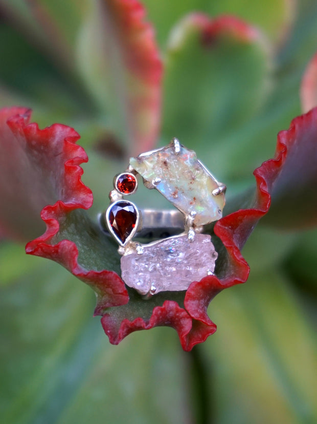 Garden Beauty Ring 5 with Ethiopian Opal, Rose Quartz & Garnet