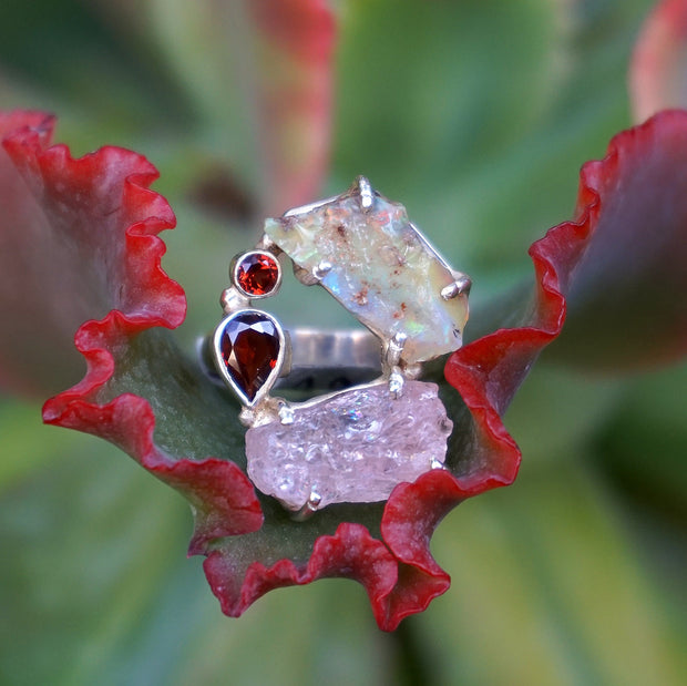 Garden Beauty Ring 5 with Ethiopian Opal, Rose Quartz & Garnet