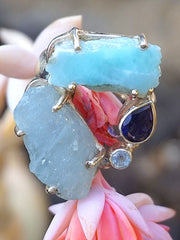 Garden Beauty Ring 8 with Larimar, Aquamarine and Tanzanite