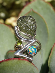 Moldavite Rough Artisan Ring 1 with Peridot and Fire Opal