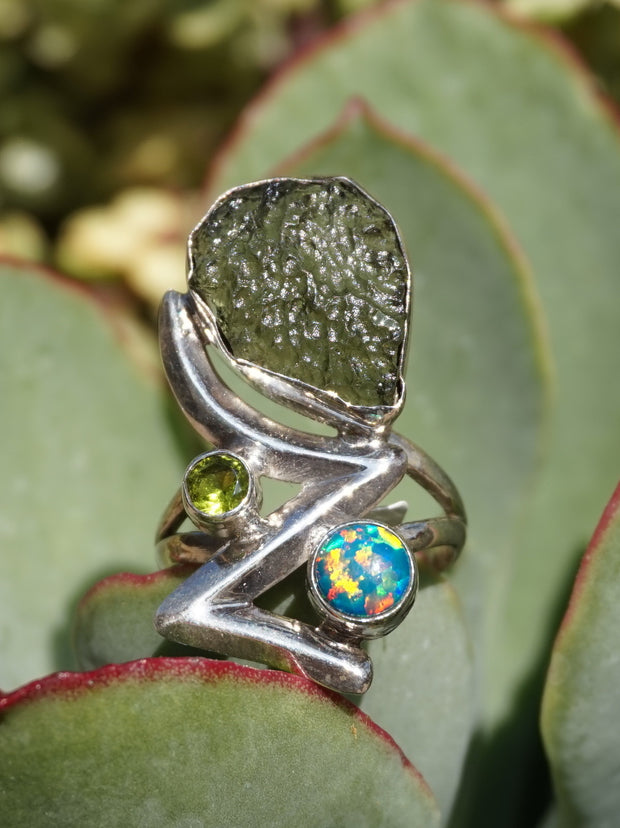 Moldavite Rough Artisan Ring 1 with Peridot and Fire Opal