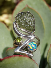 Moldavite Rough Artisan Ring 1 with Peridot and Fire Opal