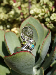 Moldavite Rough Artisan Ring 1 with Peridot and Fire Opal