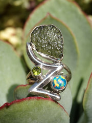 Moldavite Rough Artisan Ring 1 with Peridot and Fire Opal